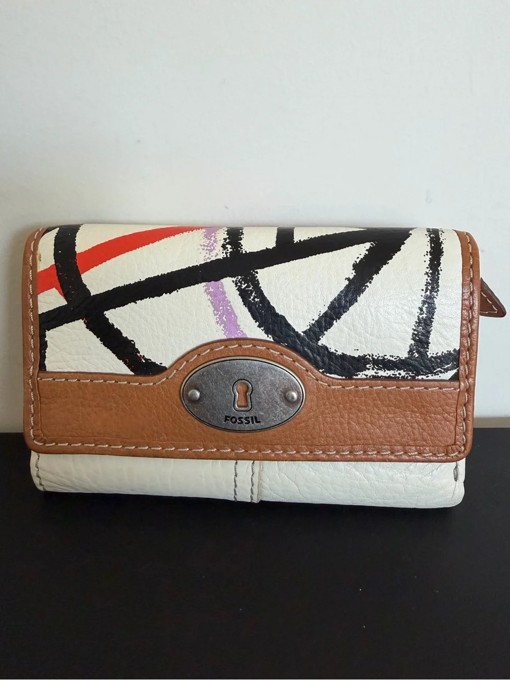Fossil Abstract Print Leather Trifold Wallet White Brown Multicolor